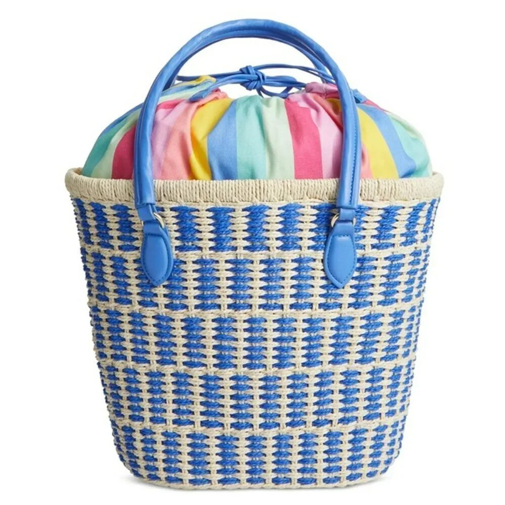 On 34th Isabellaa Women's Straw Medium Drawstring Tote Blue Stripe (MSRP $130)